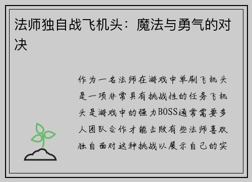 法师独自战飞机头：魔法与勇气的对决